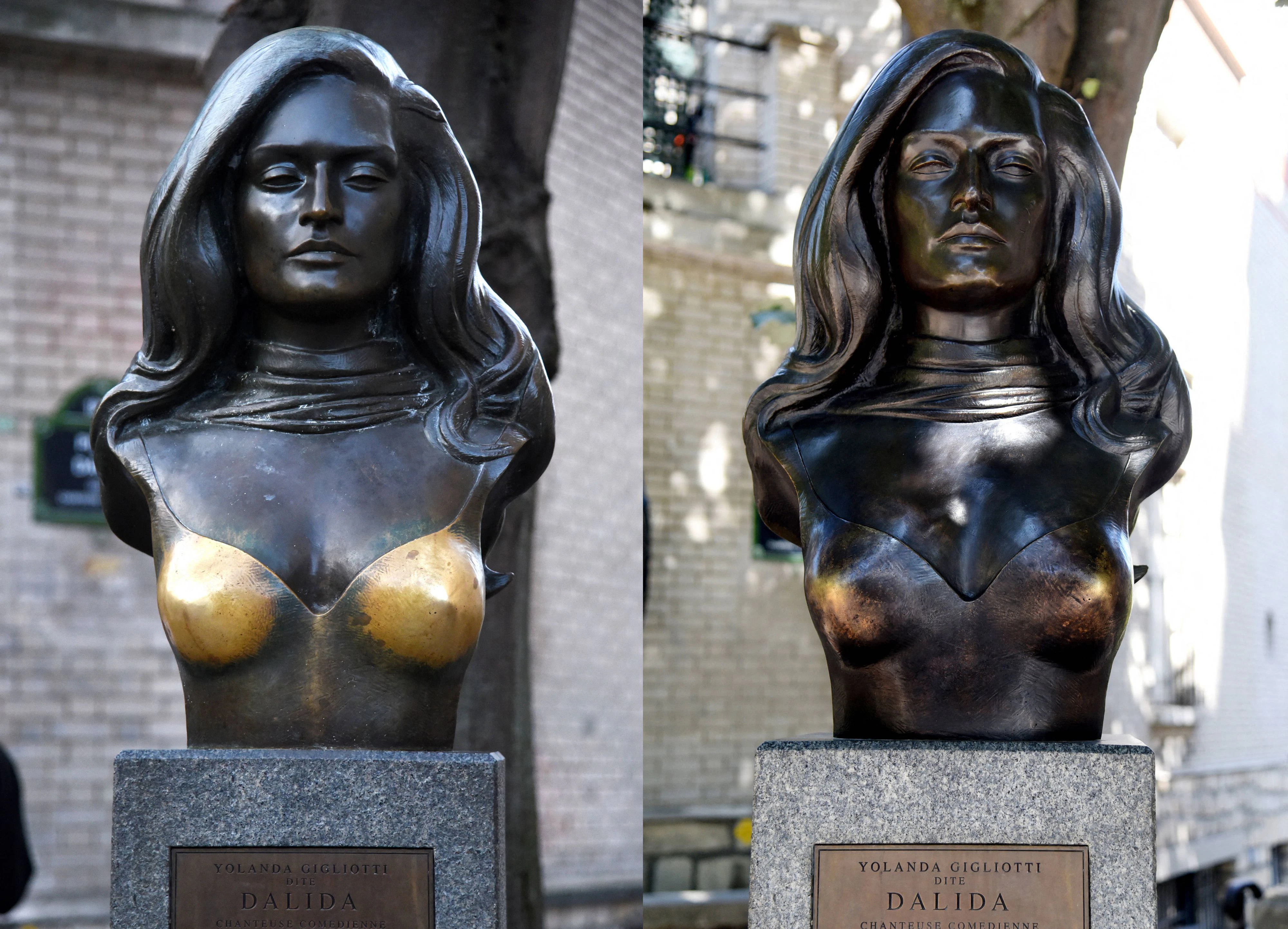 Vorher – nachher: die Dalida-Büste, links im Dezember 2025 aufgenommen, rechts im Juli 2026.