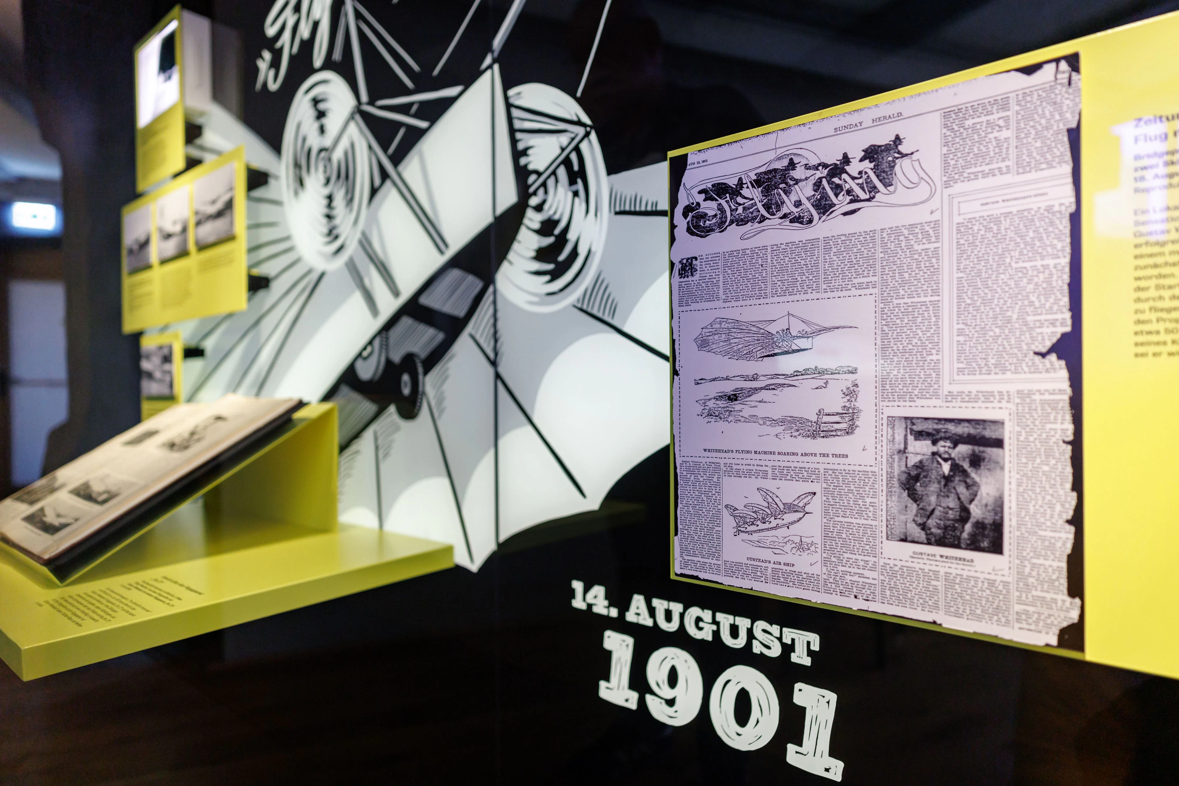 In der Ausstellung werden die Fluggeschichte und die Entwicklungsschritte Weißkopfs bis zum erfolgreichen Motorflug am 14. August 1901 erläutert.